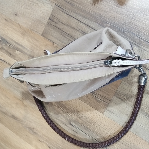 THE SAK THALIA Navy and Beige Small Leather Hobo Bag Purse with Braided Handle - Picture 4 of 16